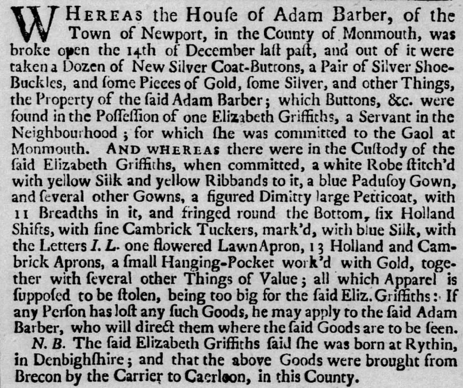 1747 Burglary Notice for Adam Barber on High Street
