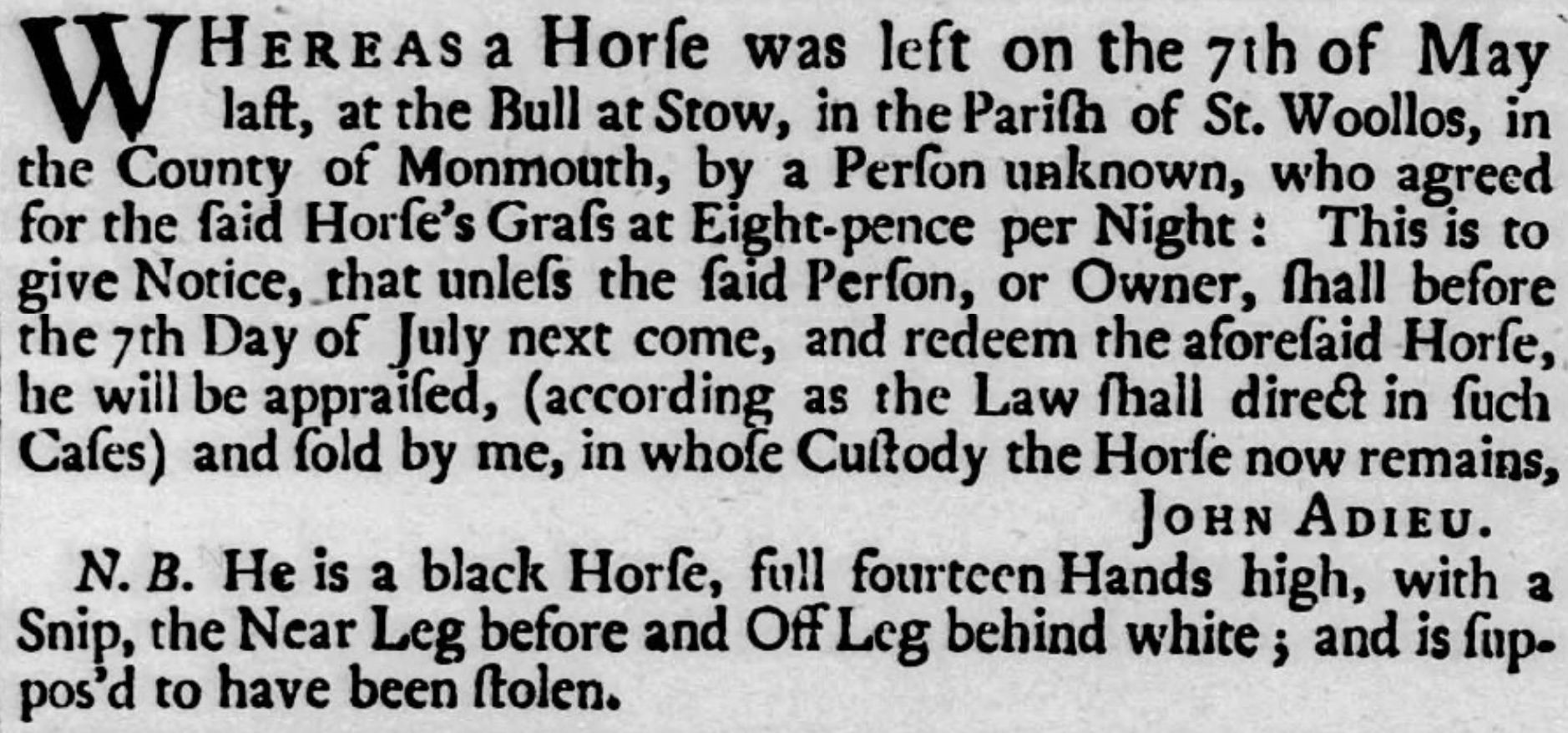 Suspected stolen horse notice at the Bull at Stow, 1841