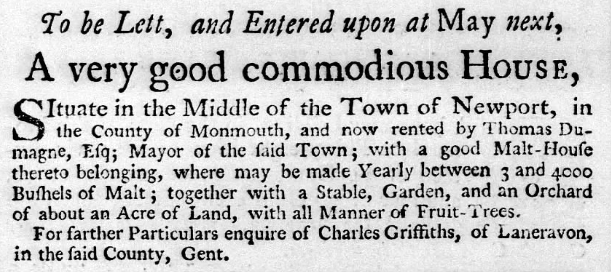 1750 advertisement to let a house and malthouse rented by Mayor Thomas Dumayne