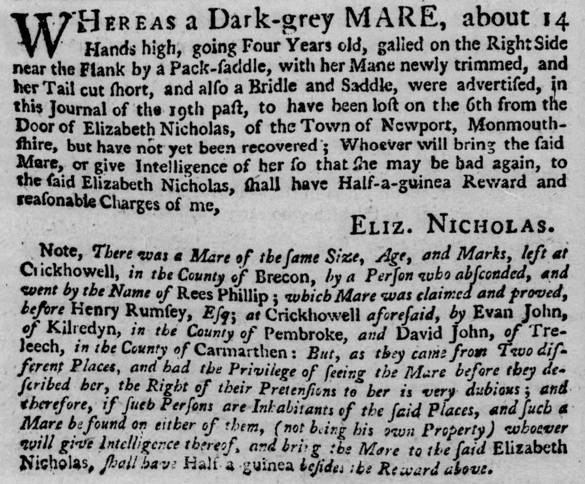 1754 Horse Theft Notice by Elizabeth Nicholas