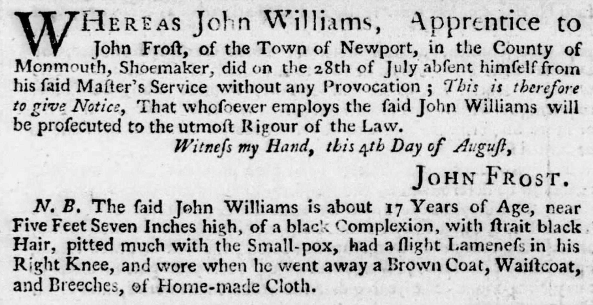 1756 Runaway apprentice notice by John Frost, shoemaker