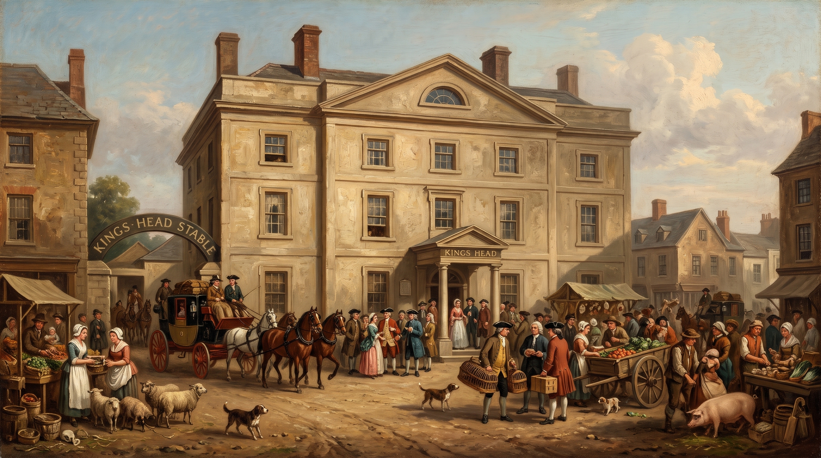 1750 reconstruction of The King's Head on High Street with market stalls and cockfight patrons