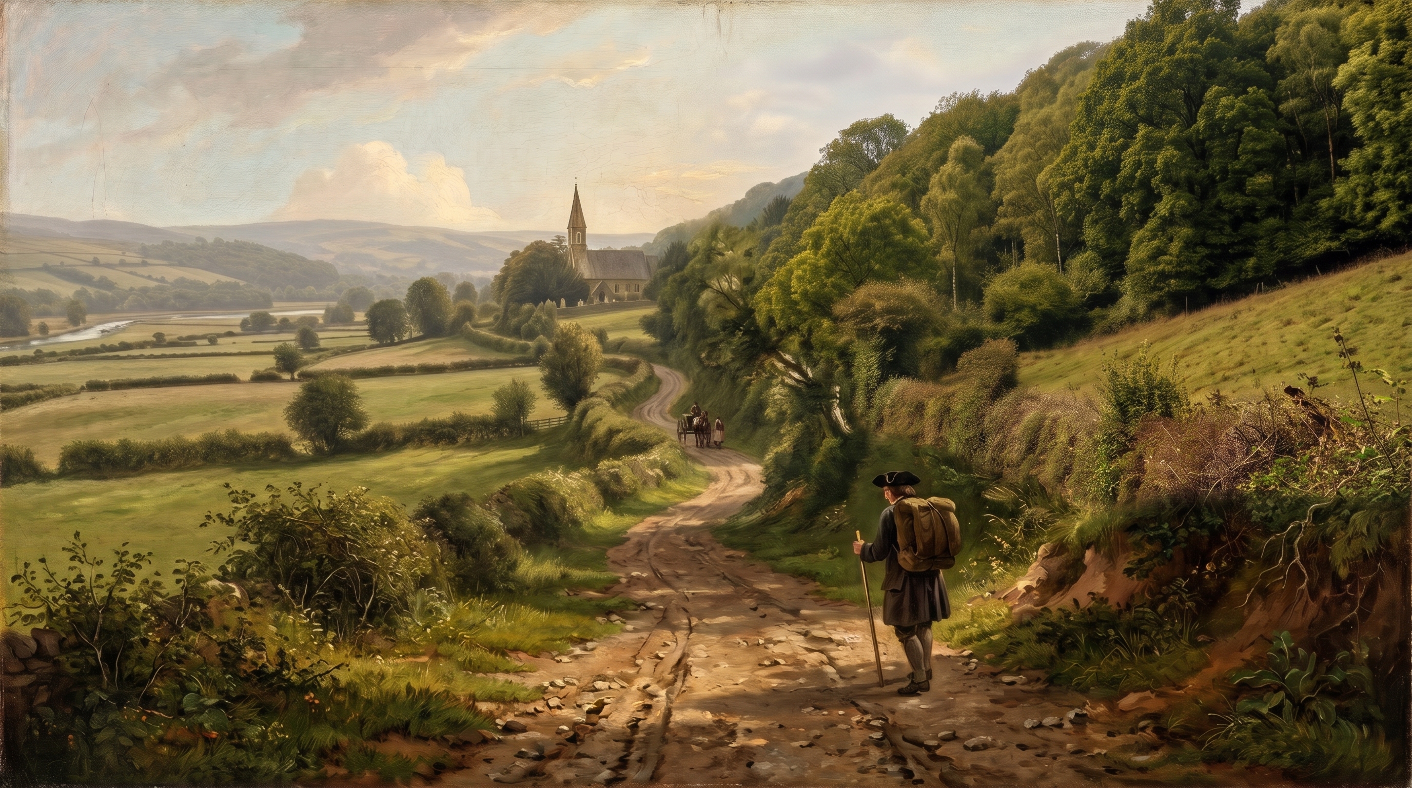 1750 reconstruction of the ancient Malpas Road winding towards St Mary's Church
