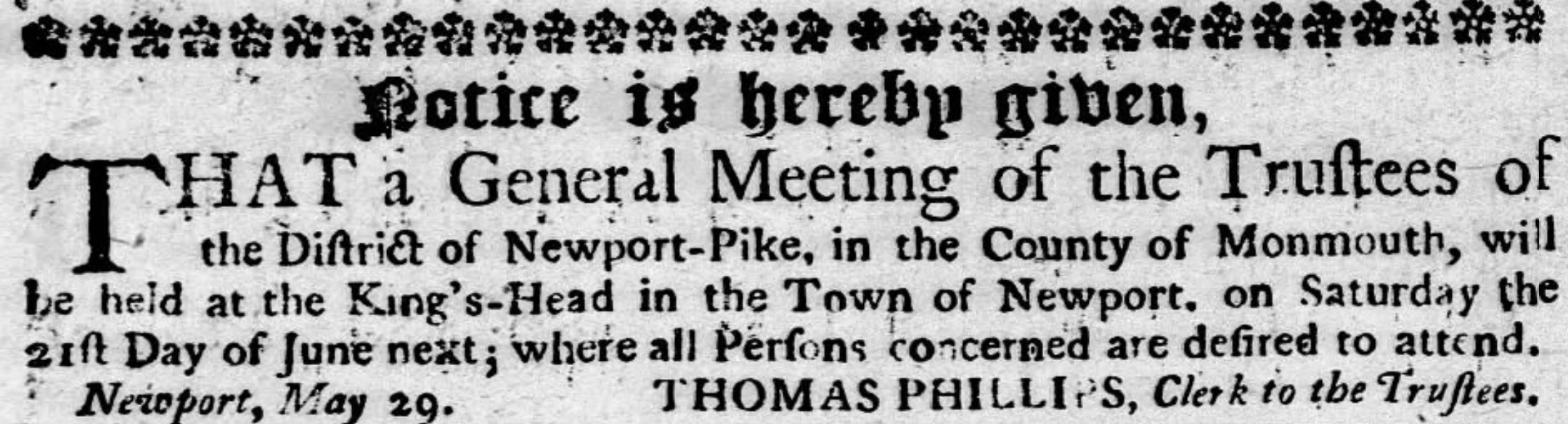 1760 Newport-Pike Trustees Meeting Notice signed by Thomas Phillips