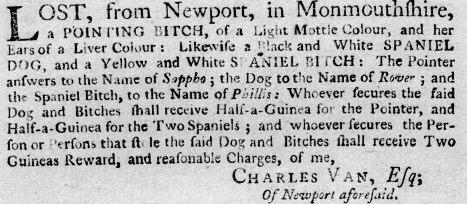 1758 Stolen Gun Dogs notice by Charles Van, Esq.